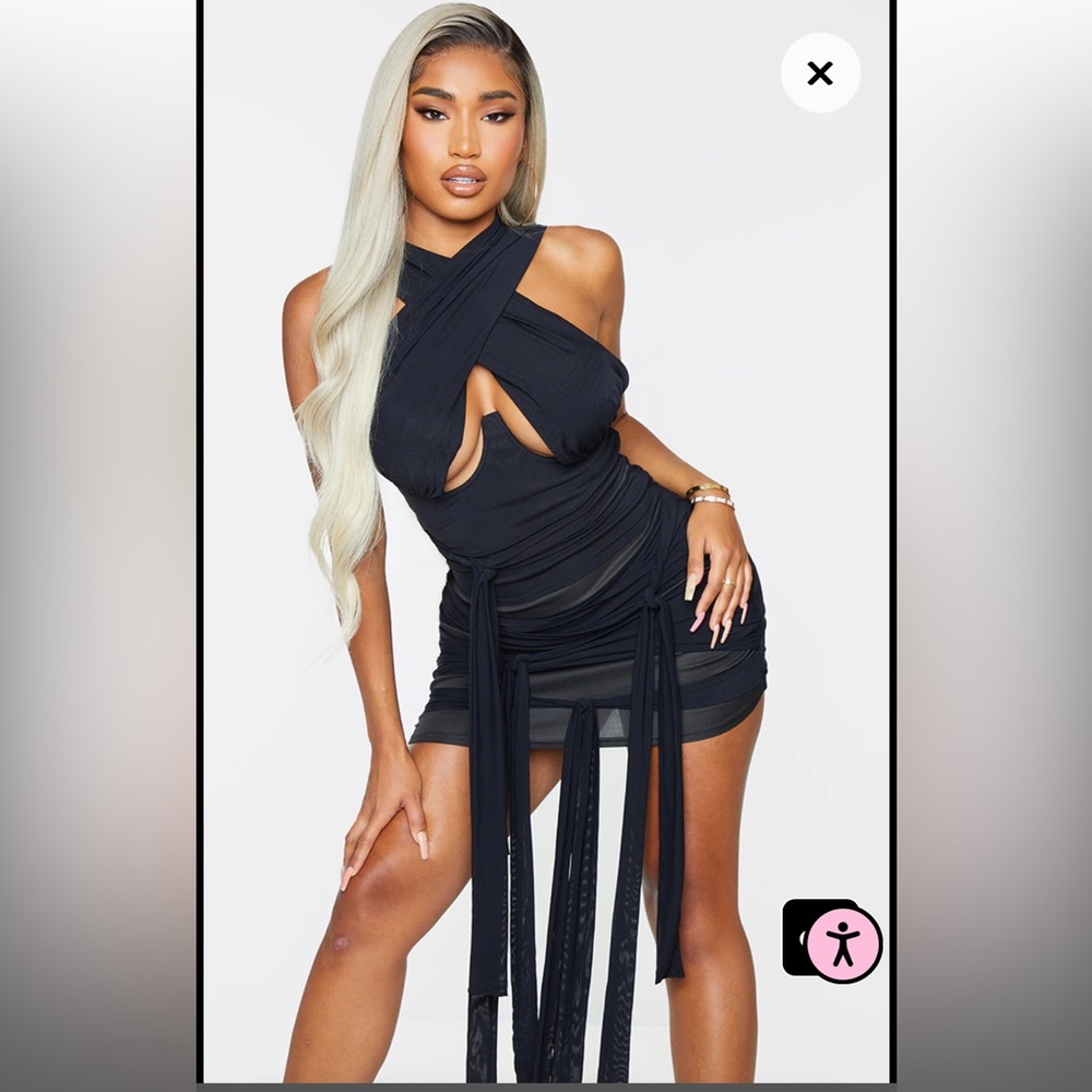 Shape Black Mesh Wrap Neck Tie Detail Bodycon Dress